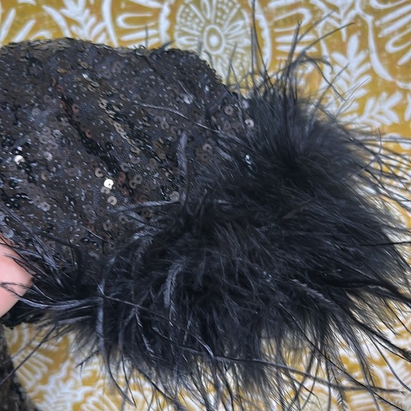 NWT HUTCH Aria Sequin Embellished Long Sleeve Feather Trim Mini Dress Black Sz S - Picture 4 of 15